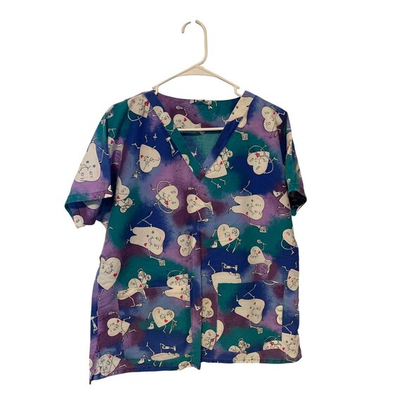 Womens Size Medium Vneck Scrub Top Shirt Medical Nurse Hearyt Tooth Nurse Dentis - Picture 1 of 3